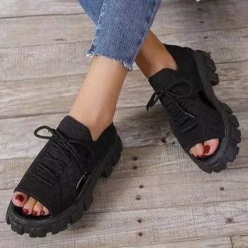 Модные женские босоножки на шнуровке, туфли на танкетке с открытой платформой, летние босоножки-мюли, босоножки с открытым носком, босоножки на платформе, сетчатые эластичные босоножки 36 чёрный