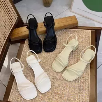 МОДНЫЕ женские босоножки на среднем каблуке 4,5 см, новинка 2024 года, летние сандалии с открытым носком и квадратной головкой, женские модные сандалии, женская обувь 35 бежевый