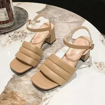 Модные женские босоножки на среднем каблуке Outside Solid 2024, новинка, горячая распродажа, летняя модная женская обувь, женские сандалии из резины и ПУ на квадратном каблуке 37 бежевый