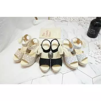 модные женские босоножки на танкетке 2024 года, летняя женская обувь, однотонная модная сетчатая обувь с открытым носком и высоким каблуком, женская обувь для вечеринок 35 чёрный