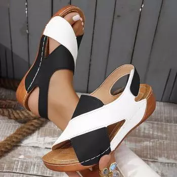 Модные женские босоножки на танкетке контрастного цвета, летние с открытым носком, нескользящие, пляжные туфли, женские, удобные, на платформе, римские сандалии, Mujer 2024 36 чёрный