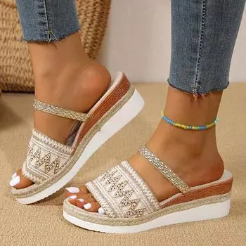 Модные женские босоножки на танкетке, легкие летние тапочки на платформе, удобные нескользящие пляжные сандалии Mujer 2025 36 бежевый