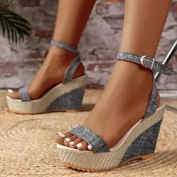 модные женские босоножки на танкетке с платформой, летние женские туфли с пряжкой, ремешком, сабо-гладиаторы, фирменный дизайн, сандалии на каблуке, обувь 35 светло-синий