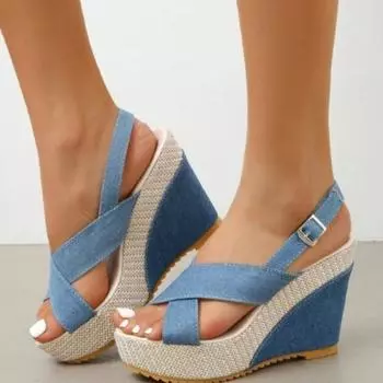 модные женские босоножки на танкетке с пряжкой на щиколотке для женщин летние джинсовые сандалии удобные толстые подошвы сандалии женские 35 чёрный