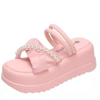 модные женские босоножки на танкетке с жемчужным принтом, лето 2024, шлепанцы на толстой платформе для женщин, пляжные шлепанцы с толстой подошвой, гладиаторские сандалии Mujer 34 бежевый