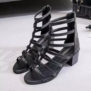 Модные женские босоножки на толстом каблуке 2024 года, летние повседневные гладиаторские сандалии в римском стиле, женские элегантные туфли с открытым носком для вечеринок 35 чёрный