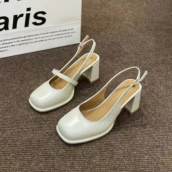 Модные женские босоножки на толстом каблуке, летняя мода, новые женские туфли с квадратным носком, деловые туфли на каблуке 34 бежевый