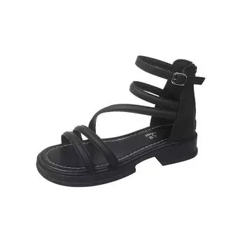 Модные женские босоножки на толстом каблуке, женские новые туфли с открытым носком, модные повседневные босоножки, женские дизайнерские римские туфли на плоской подошве, лето 2024 г. 35 чёрный