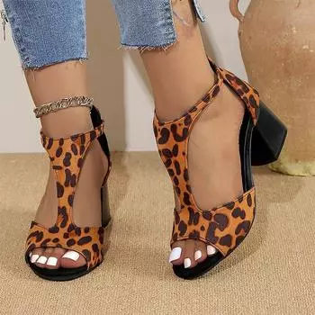 Модные женские босоножки на высоком каблуке с леопардовым принтом, летние новые туфли с открытым носком и массивными каблуками 2024 года, модные новые элегантные туфли, туфли-лодочки, трендовые женские туфли Zapatos 34 леопардовый