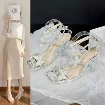 Модные женские босоножки на высоком каблуке с блестящими стразами и бантом, летние прозрачные туфли-лодочки на тонком каблуке, роскошные модные туфли для вечеринок 35 шампанского