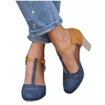 Модные женские босоножки на высоком каблуке с круглым носком в стиле ретро, весна-лето 2024 г., новые модные туфли-лодочки на платформе с пряжкой, размеры 35-43 35 чёрный