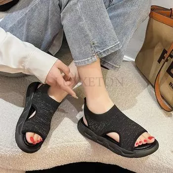 Модные женские босоножки Повседневные босоножки на танкетке Новые летние туфли Женские туфли на высоком каблуке Платформа Открытый носок Танкетка Универсальные и удобные 35 чёрный