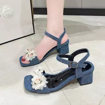 Модные женские босоножки с цветами на толстом каблуке Повседневные модные босоножки с открытой пяткой Удобная верхняя одежда Шлепанцы 36