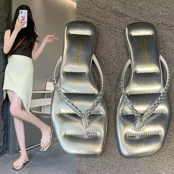 Модные женские босоножки с квадратным носком, летняя обувь, прозрачные тапочки, женские шлепанцы с кристаллами и бриллиантами, женские тапочки, туфли с открытым носком 36 серебряный