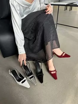 Модные женские босоножки с острым носком 2024 года, новые поступления, черные, красные, белые, серебряные, летние туфли, женские, на толстом высоком каблуке, с ремешком сзади 35-39 5.5 чёрный