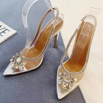 Модные женские босоножки с открытой пяткой из ПВХ с острым носком и стразами на высоком каблуке, сексуальные туфли для ночного клуба и вечеринки на пилоне 36