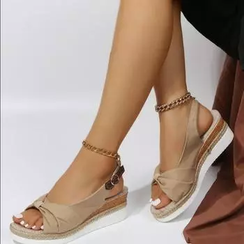 Модные женские босоножки с открытым носком и пряжкой 2024 года на танкетке, удобные, легкие, на высоком каблуке, износостойкие, женские, офисные, свадебные босоножки 36 абрикосовый