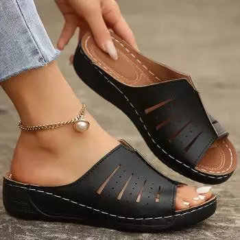 модные женские босоножки с открытым носком на каблуках летние туфли на танкетке женские босоножки на каблуке 2024 новые тапочки на танкетке женская летняя обувь 36 чёрный