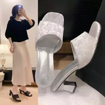 Модные женские босоножки с принтом, повседневные босоножки на высоком каблуке с квадратным носком 35 чёрный