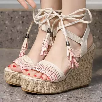 Модные женские босоножки с ремешками на щиколотке, летняя обувь на платформе и танкетке для женщин, высокие каблуки, гладиаторские шлепанцы, женская обувь для вечеринок, большой размер 34 чёрный