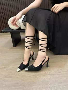 Модные женские босоножки смешанного цвета с перекрестными ремешками, летние туфли на шпильках с ремешком на щиколотке, на высоком каблуке, со шнуровкой, черного и коричневого цвета, модные туфли-мюли 35-39 5.5