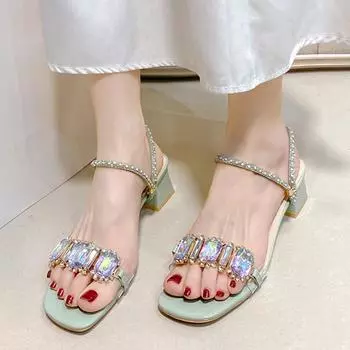 Модные женские босоножки со стразами, летние тапочки с квадратным носком и толстым каблуком, женские корейские прозрачные желеобразные шлепанцы из ПВХ 35