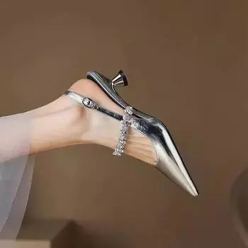 Модные женские босоножки, женские сексуальные туфли со стразами и пряжкой на высоком каблуке, женская повседневная обувь, золотисто-серебристый с острым носком, трендовые летние туфли-лодочки 2024 года 34 серебряный