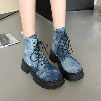 Модные женские ботильоны из денима на платформе с кристаллами и толстым каблуком, короткие женские ботинки с толстой подошвой, нескользящие, мотоциклетные ботинки для женщин 35 синий