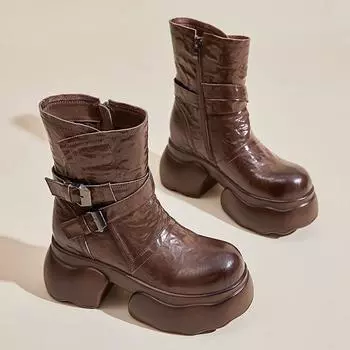 Модные женские ботильоны из искусственной кожи на толстом каблуке с двойной пряжкой на платформе с боковой молнией Короткие ботинки Зимние новые готические панк-обувь в стиле металлик Botas 35 чёрный