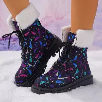 Модные женские ботильоны из искусственной кожи с рисунком летучей мыши 2024 года, зимние теплые короткие ботинки с искусственным мехом, женские модные ботинки на шнуровке и платформе Botines Mujer 35