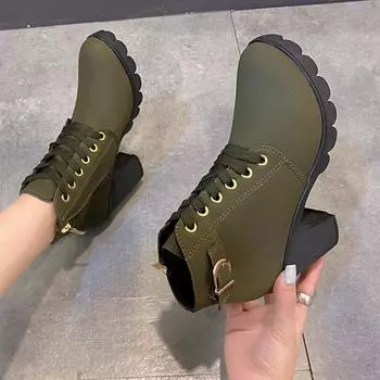 Модные женские ботильоны из искусственной кожи 2024 года, осенние туфли на танкетке с высоким каблуком, удобные женские туфли с пряжкой, на шнуровке, повседневные короткие лодочки 35 жёлтый