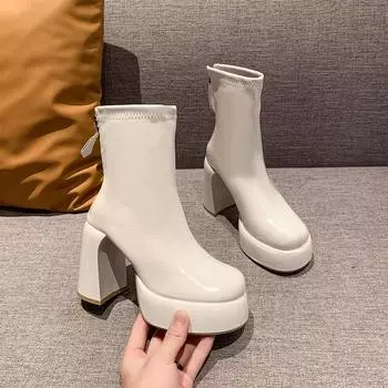 Модные женские ботильоны из кожи, износостойкие, зимние ботинки 2024 года для женщин, нескользящие, квадратный каблук, однотонные женские ботинки для улицы 35 бежевый