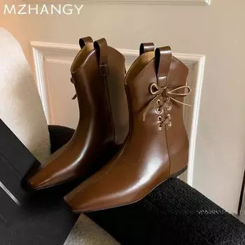 модные женские ботильоны из кожи с бантом на плоской подошве дизайнерские туфли с квадратным носком женские 2025 трендовые новые зимние ботинки челси ретро зимние женские ботинки 35 чёрный