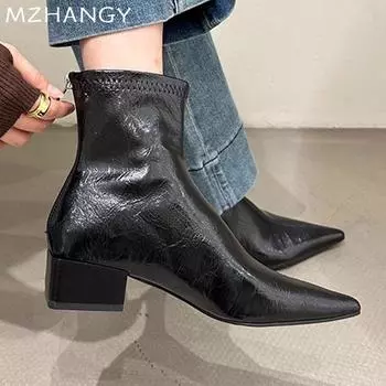 модные женские ботильоны из кожи с острым носком, элегантные туфли на среднем каблуке, женские туфли 2025 года, зимние туфли-лодочки в стиле ретро, удобные ботинки челси, женские ботинки 35 чёрный