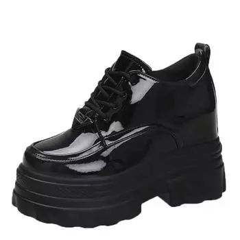 Модные женские ботильоны из лакированной кожи на платформе с танкеткой высотой 10 см, женские осенние массивные кроссовки-лодочки, женские толстые черные ботинки на шнуровке 34 бежевый