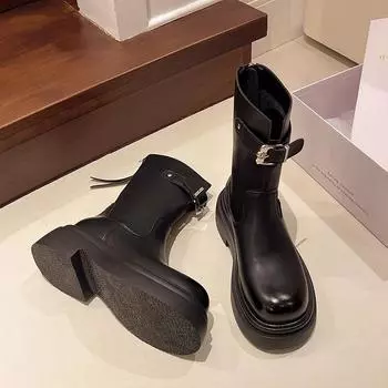 Модные женские ботильоны из массивной кожи, зима 2025, новые ретро-готические мотоциклетные ботинки, трендовые нескользящие зимние ботинки Chelsea Mujer 35 чёрный