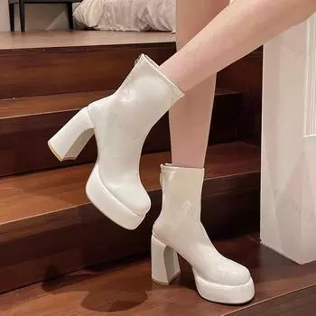 Модные женские ботильоны из мягкой кожи на платформе с круглым носком на высоком каблуке, женские короткие сапоги на толстом каблуке, элегантные женские сапоги с молнией сзади 35