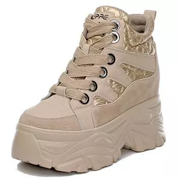 Модные женские ботильоны из натуральной коровьей кожи высотой 8 см, туфли на платформе, спортивная повседневная обувь на танкетке, модные ботинки для мотоциклистов 34 хаки