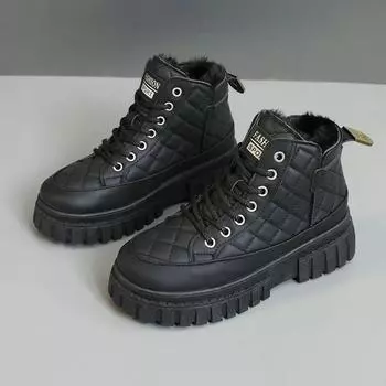 Модные женские ботильоны, модные кожаные повседневные ботинки, зимние высокие хлопковые туфли для женщин, нескользящие ботинки на платформе для снега Zapatos Mujer 35 чёрный