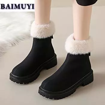 модные женские ботильоны на меху на плоской подошве с платформой, тренд 2025 года, замшевые теплые короткие плюшевые ботинки челси, зимние новые женские ботинки на молнии 35 чёрный