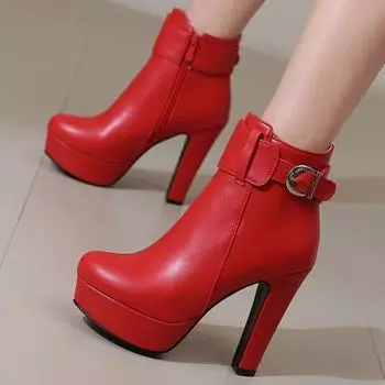 Модные женские ботильоны на платформе, черные, синие, красные, желтые, короткие ботинки, высокие каблуки, пряжка, туфли для вечеринок, женские, большой размер 45 50, новинка 2024 года, зима 34 чёрный