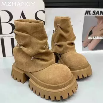 Модные женские ботильоны на платформе, модные замшевые туфли на среднем каблуке, женские зимние ботинки челси 2025 года, прогулочные, новые, готические, зимние, Botas Mujer 35 кофейный