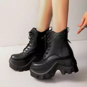 Модные женские ботильоны на платформе, новые туфли на высоком каблуке, зимние повседневные кроссовки, бренд 2025 года, трендовые готические туфли на шнуровке, массивные ботинки Mujer 35 чёрный
