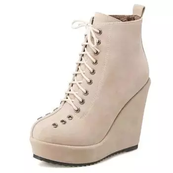 Модные женские ботильоны на платформе, обувь на осень-зиму, туфли на танкетке, короткие ботинки на шнуровке, телесного цвета, красного и черного цвета, замшевые ботильоны для женщин 34 бежевый