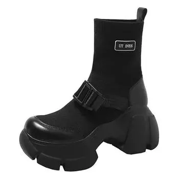 модные женские ботильоны на платформе с вязаным носком женские повседневные удобные лаконичные модные 2024 новые короткие ботинки для студентов 34 чёрный