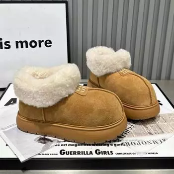 Модные женские ботильоны на платформе с мехом на плоской подошве, мюли, зимний тренд 2025 года, новые короткие плюшевые теплые гладиаторские спортивные туфли для снега, ботфорты Mujer 35 абрикосовый