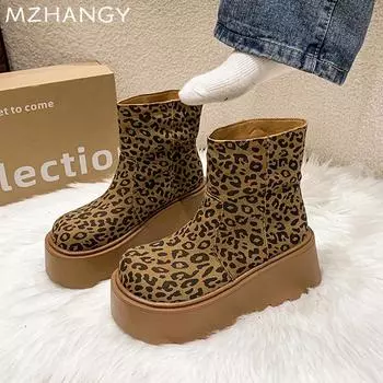 Модные женские ботильоны на платформе с леопардовым принтом, замшевые туфли для женщин 2025 года, модные зимние элегантные прогулочные новые удобные зимние ботинки Mujer Botas 35 коричневый