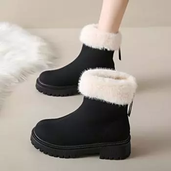 Модные женские ботильоны на платформе с мехом на плоской подошве, зимняя обувь 2025 года, новый бренд, тренд, короткие, плюшевые, челси, повседневные, для ходьбы, теплые, для снега, Botas Mujer 35 чёрный