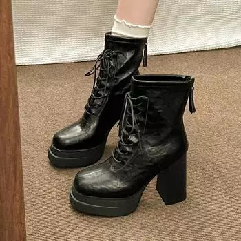 Модные женские ботильоны на платформе с очень высоким каблуком, на шнуровке, из мягкой кожи, массивные туфли, осень 2024 года, тренд Челси, мода, зимние ботинки женские 35 чёрный