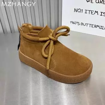 Модные женские ботильоны на платформе, замшевые туфли на плоской подошве, кроссовки, зимняя мода, повседневная обувь для женщин, тренд 2024 года, зимние ботинки, удобные женские ботинки 35 бежевый